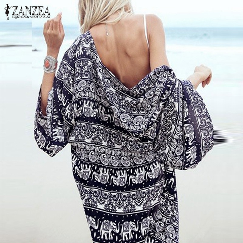 ZANZEA 2018 Women Boho Kimono Cardigan Summer Blouse Floral Print 3/4 Sleeve Casual Long Vintage Shirt Tops Cover Up Plus Size Image 2