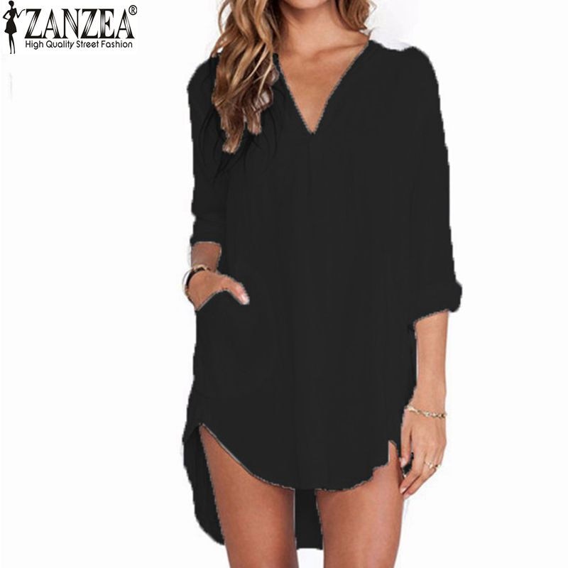 Zanzea Blusas Femininas 2018 Sexy Women See Through Chiffon Shirts Long Sleeve Pocket Casual Blouse Tops Plus Size XS-6XL Image 2