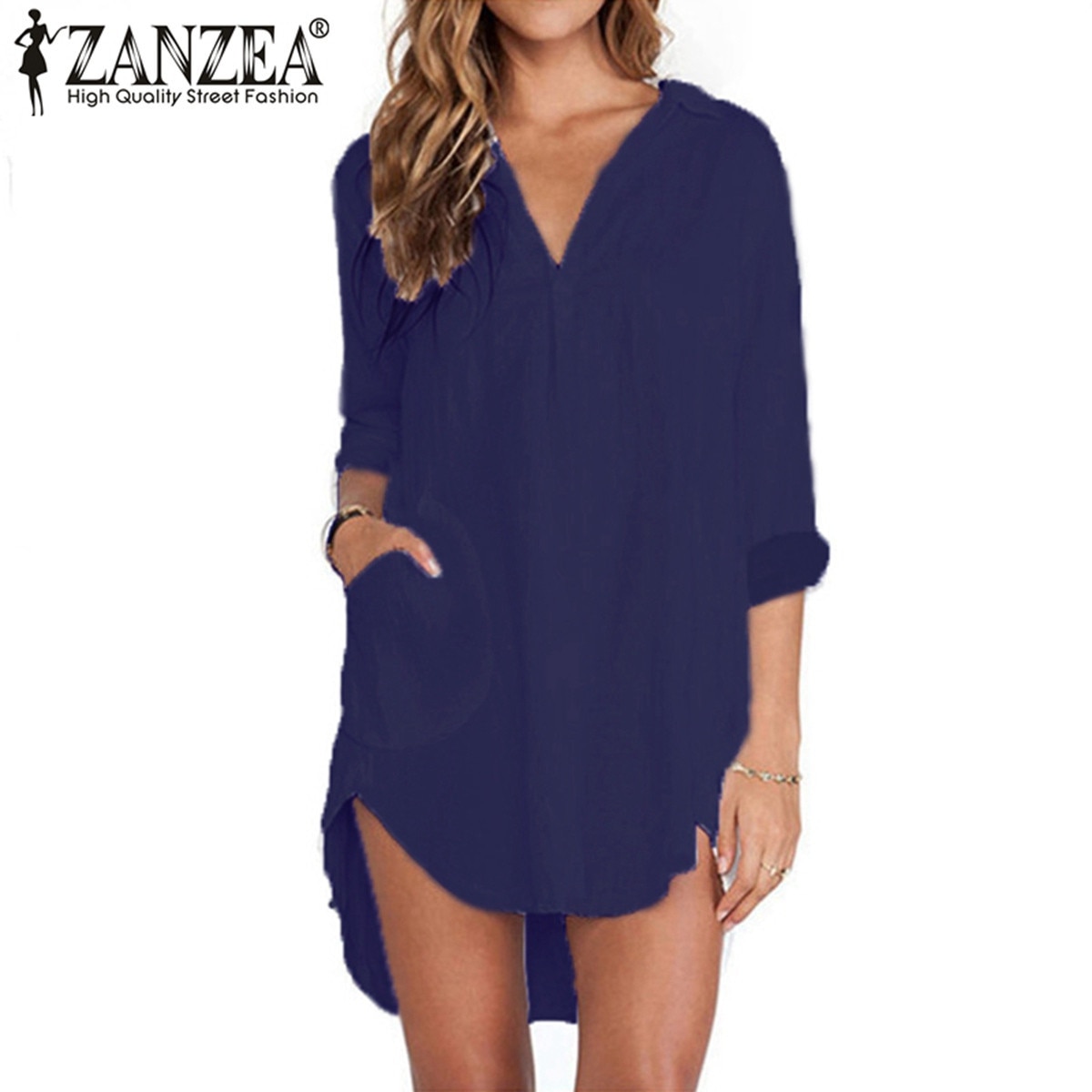 Zanzea Blusas Femininas 2018 Sexy Women See Through Chiffon Shirts Long Sleeve Pocket Casual Blouse Tops Plus Size XS-6XL Image 4