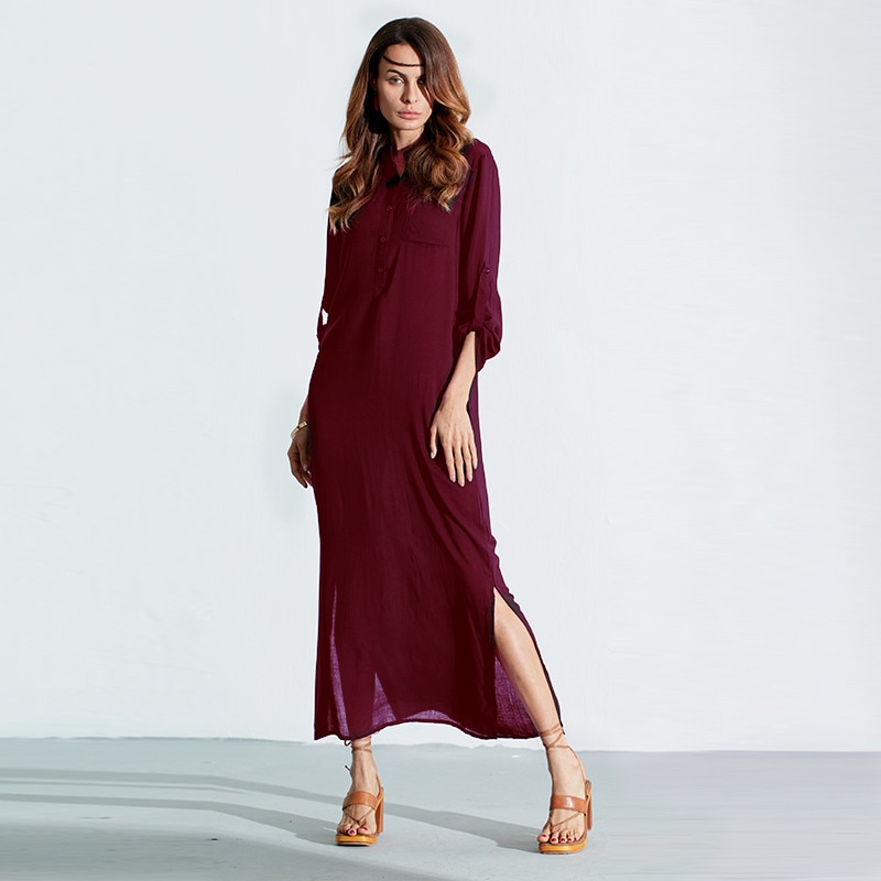 Zanzea Fashion Vestidos 2018 Autumn Women Sexy Casual Dress Long Sleeve Deep V Neck Split Solid Long Maxi Dress Image 2