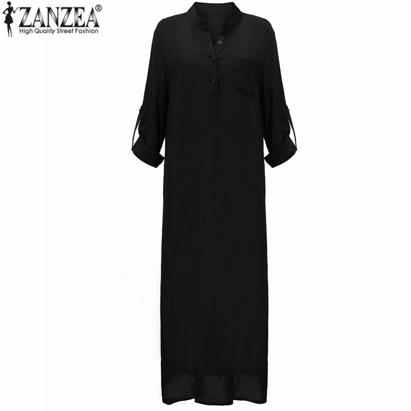 Zanzea Fashion Vestidos 2018 Autumn Women Sexy Casual Dress Long Sleeve Deep V Neck Split Solid Long Maxi Dress Image 4