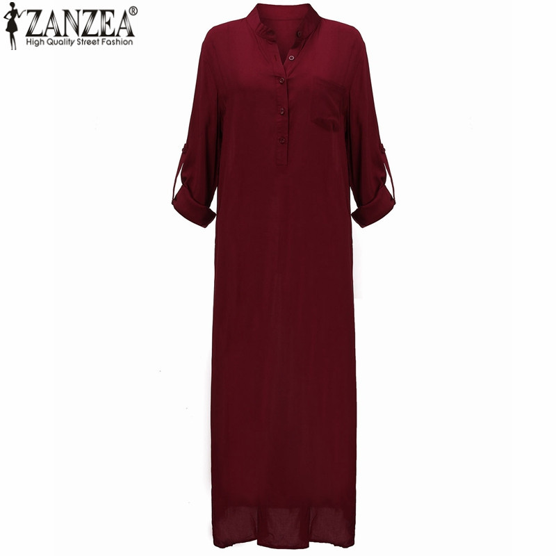 Zanzea Fashion Vestidos 2018 Autumn Women Sexy Casual Dress Long Sleeve Deep V Neck Split Solid Long Maxi Dress Image 5