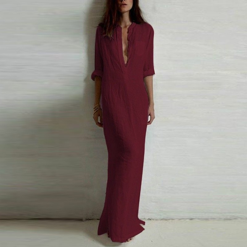 Zanzea Fashion Vestidos 2018 Autumn Women Sexy Casual Dress Long Sleeve Deep V Neck Split Solid Long Maxi Dress Image 9