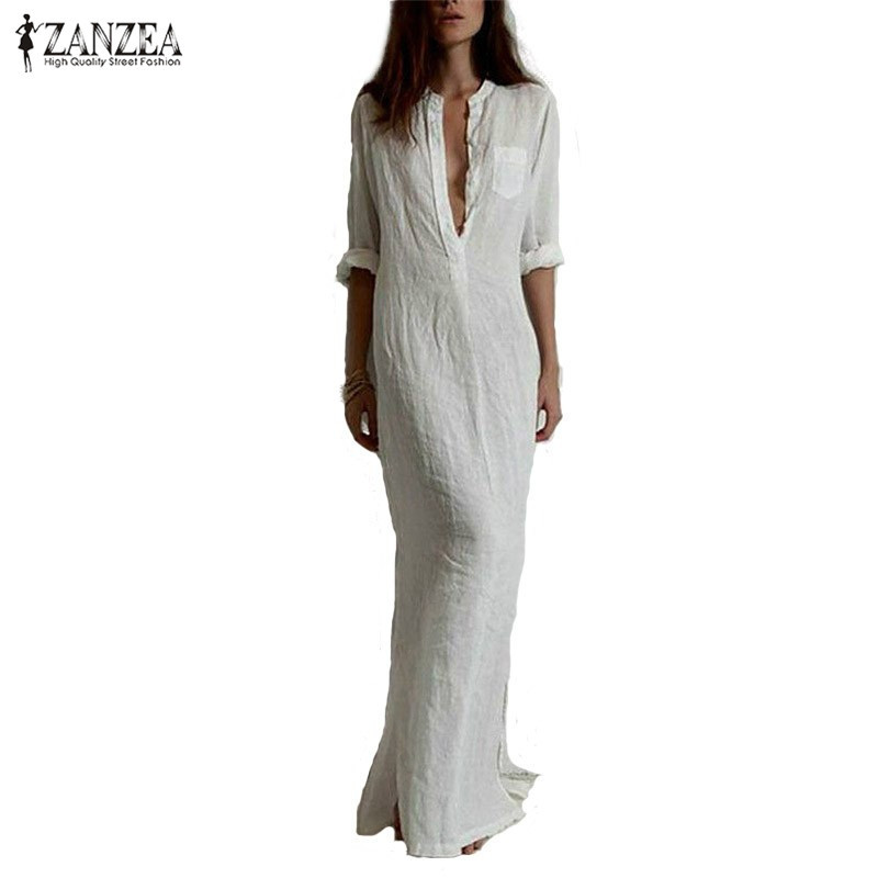 Zanzea Fashion Vestidos 2018 Autumn Women Sexy Casual Dress Long Sleeve Deep V Neck Split Solid Long Maxi Dress Image 1