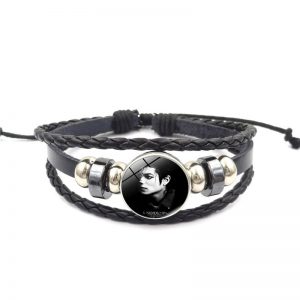 Michael Jackson Glass Buckle Multilayer Charm Bracelet Handmade DIY Black Leather Bracelet Men Women